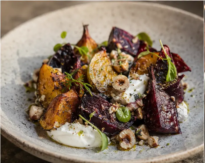 Heritage beetroot with cultured cream and hazelnut