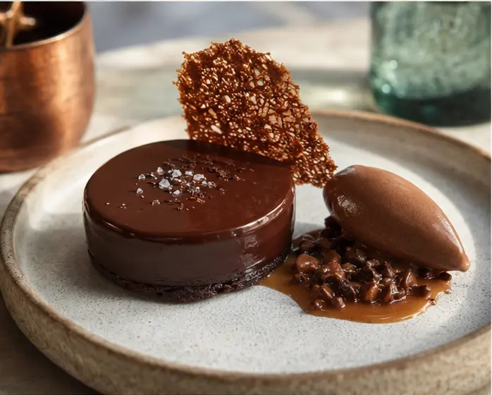 Dark chocolate crémeux with salted caramel and cocoa tuile