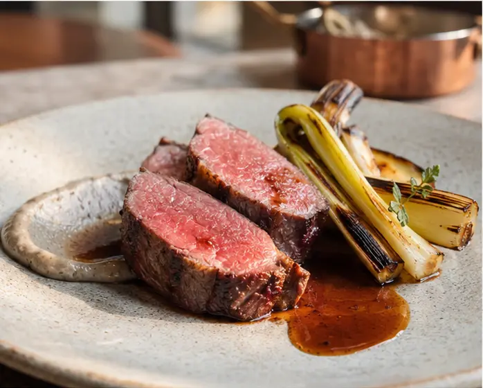 Ember-grilled lamb with charred leek and jus