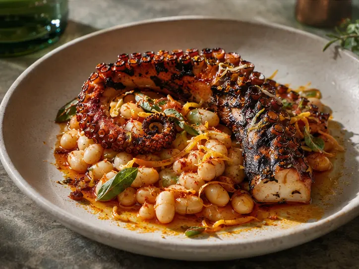 Ember octopus with white bean and saffron