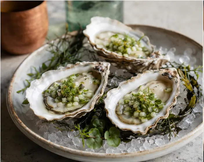 Tidepool oysters with cucumber mignonette and sea herbs