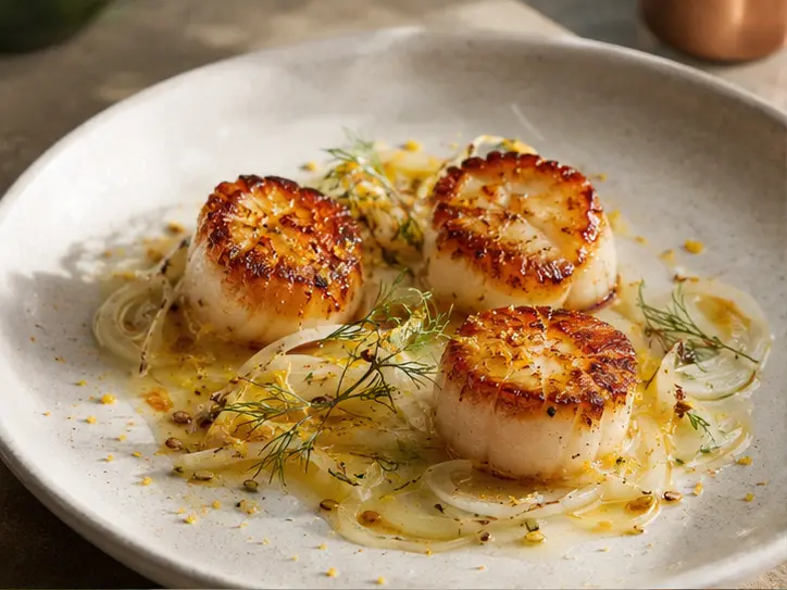 Charred scallops with preserved lemon and fennel pollen